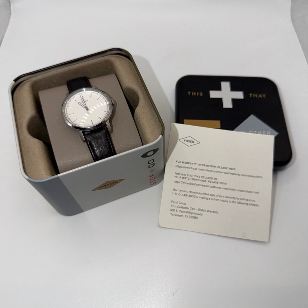 Fossil Watch Women Black Silver White Dial Leather Band Minimalist Accessory